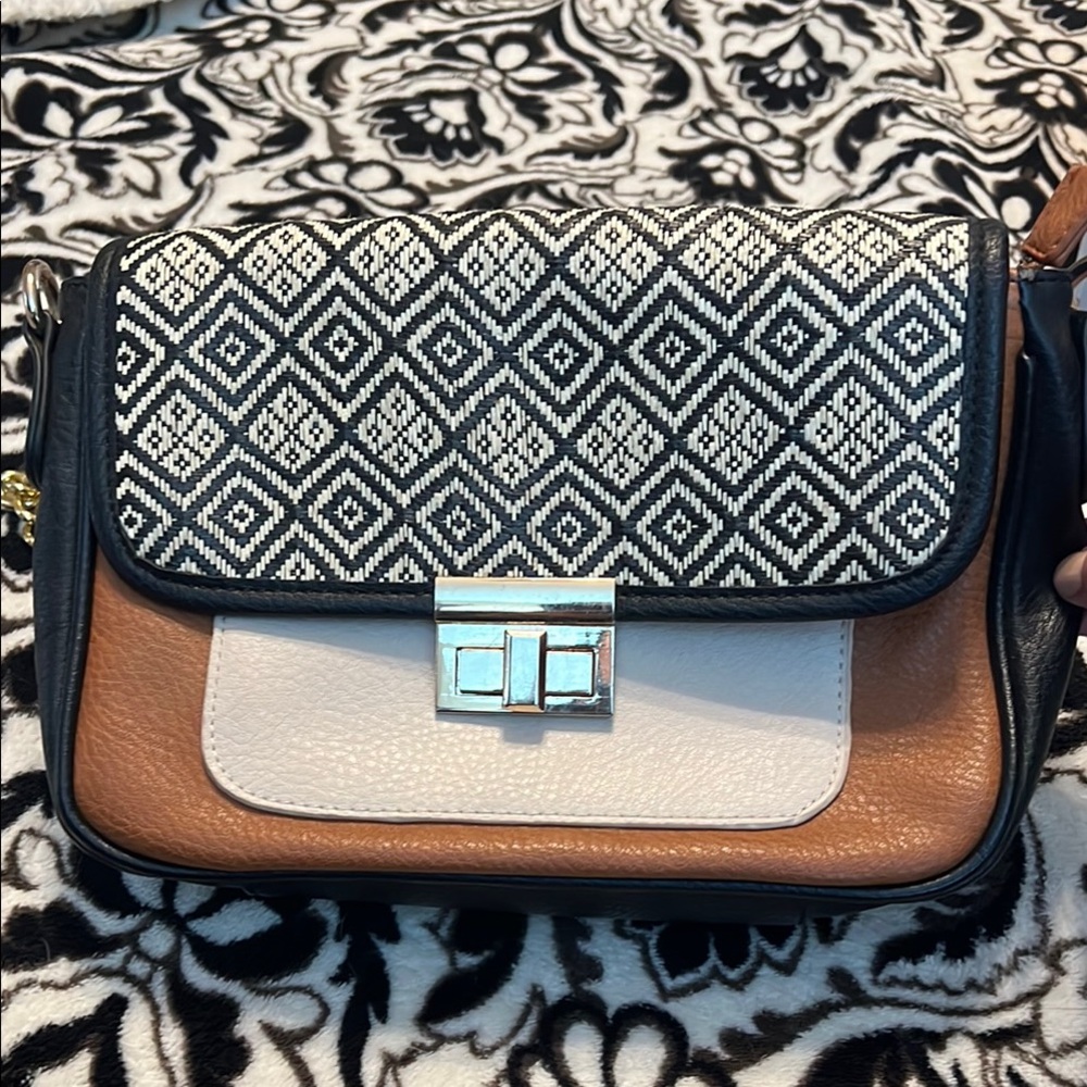 Miztique Black and Tan Crossbody Bag with Geometric Pattern
